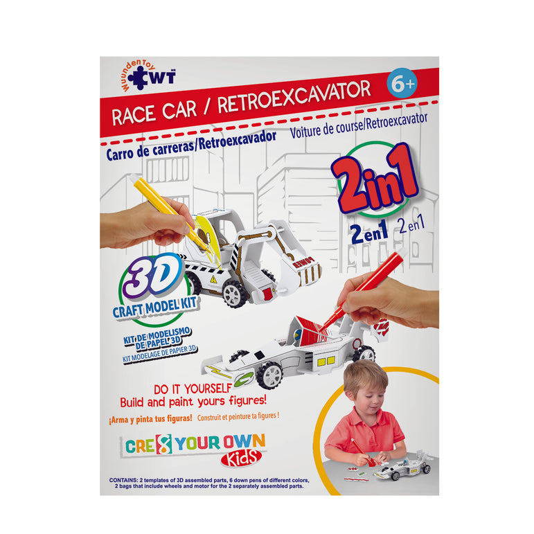 " Race Car & Retroexcavator" Kit 2 In 1 Puzzle Build and Paint